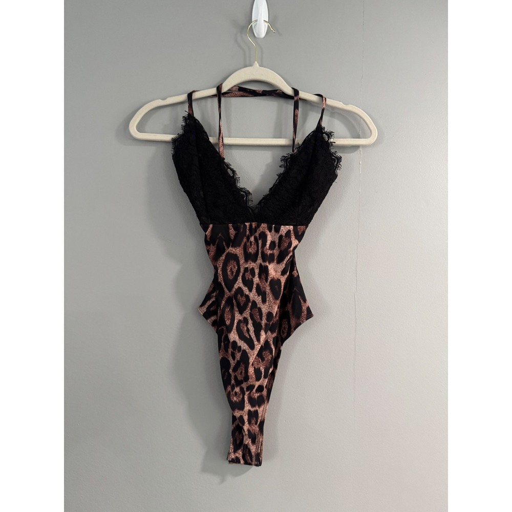 Lulus‎ Womens Bodysuit XS Black Lace Leopard Print Halter Sleeveless Teddy
